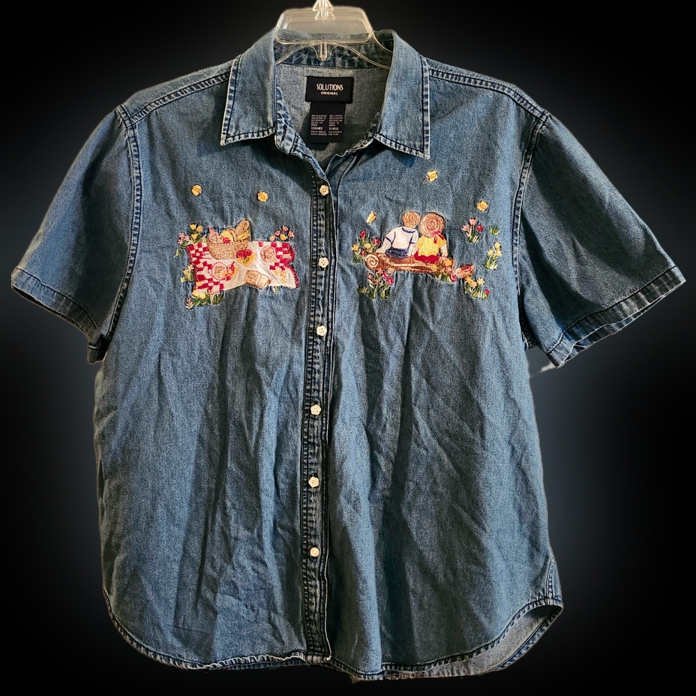 Vintage Solutions Embroidered "Summer Picnic" Button Up Womens Top (100% Cotton)